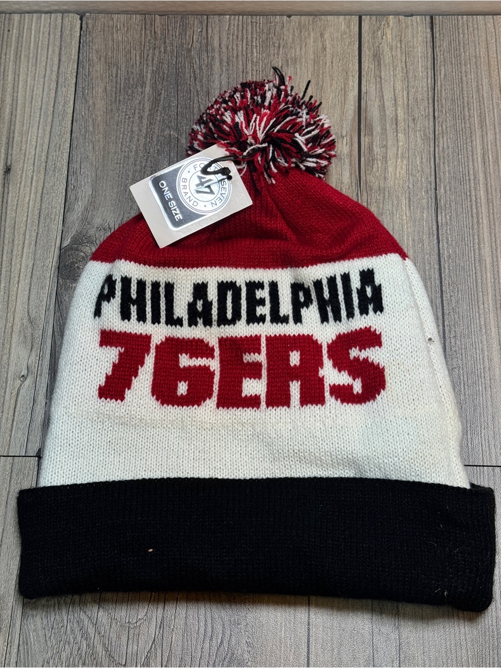 New Philadelphia 76ers Retro Logo ‘47 Brand Beanie w/pom Knit Red Black Hat - Picture 2 of 10